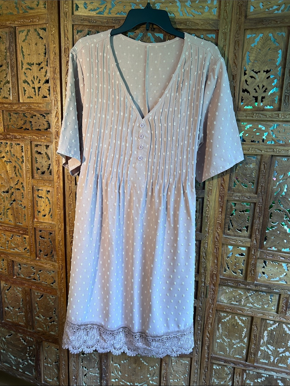 Boho Pintuck Tunic Dress in Dusty Mauve with Lace Trim
